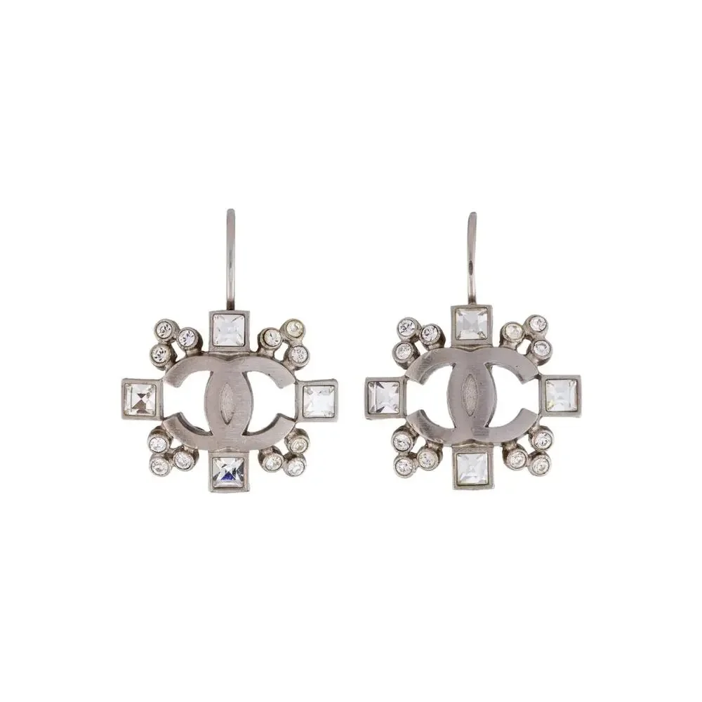 Chanel Silver-tone Interlocking CC Strass Drop Earrings